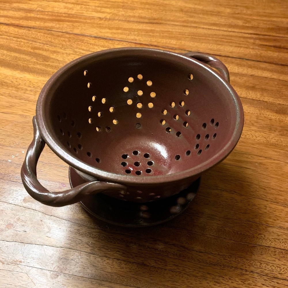 Studio Art Pottery Small Colander, Berry Bowl w Drip Plate